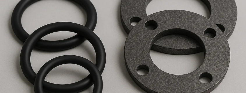 Juntas de EPDM y Grafito sobre fondo blanco.