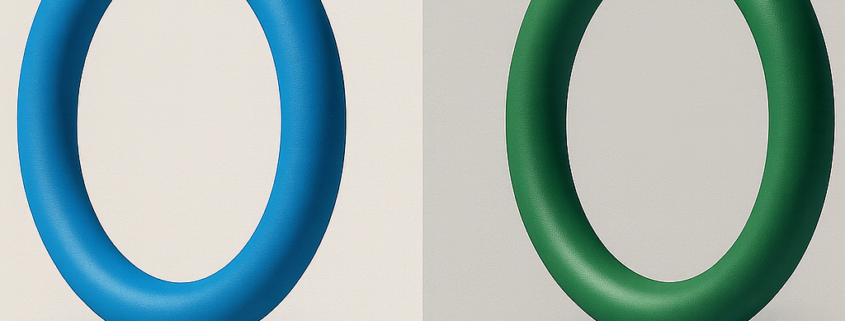 Imagen comparativa de una junta de NBR azul y una junta de Viton verde.